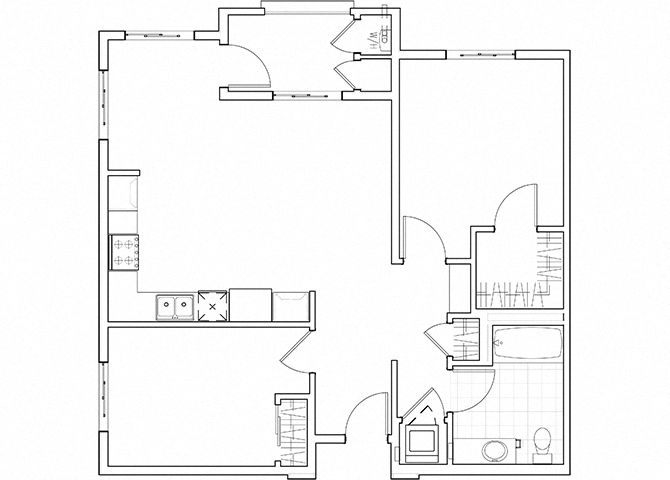 Floor plan for 2 beds, 1 bath, 968 sqft